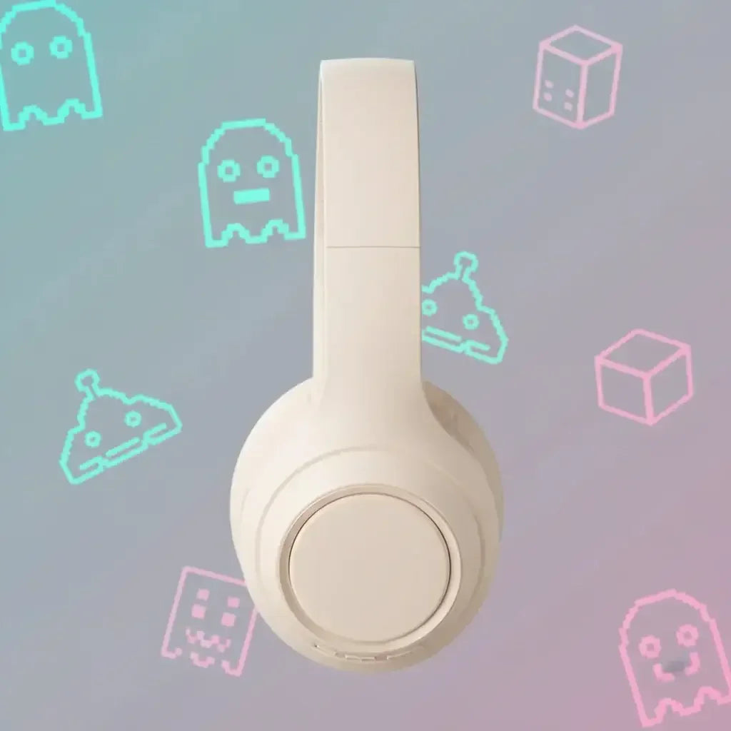 White wireless headphones on pastel background with neon retro gaming icons