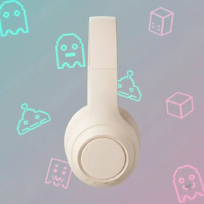 White wireless headphones on pastel background with neon retro gaming icons