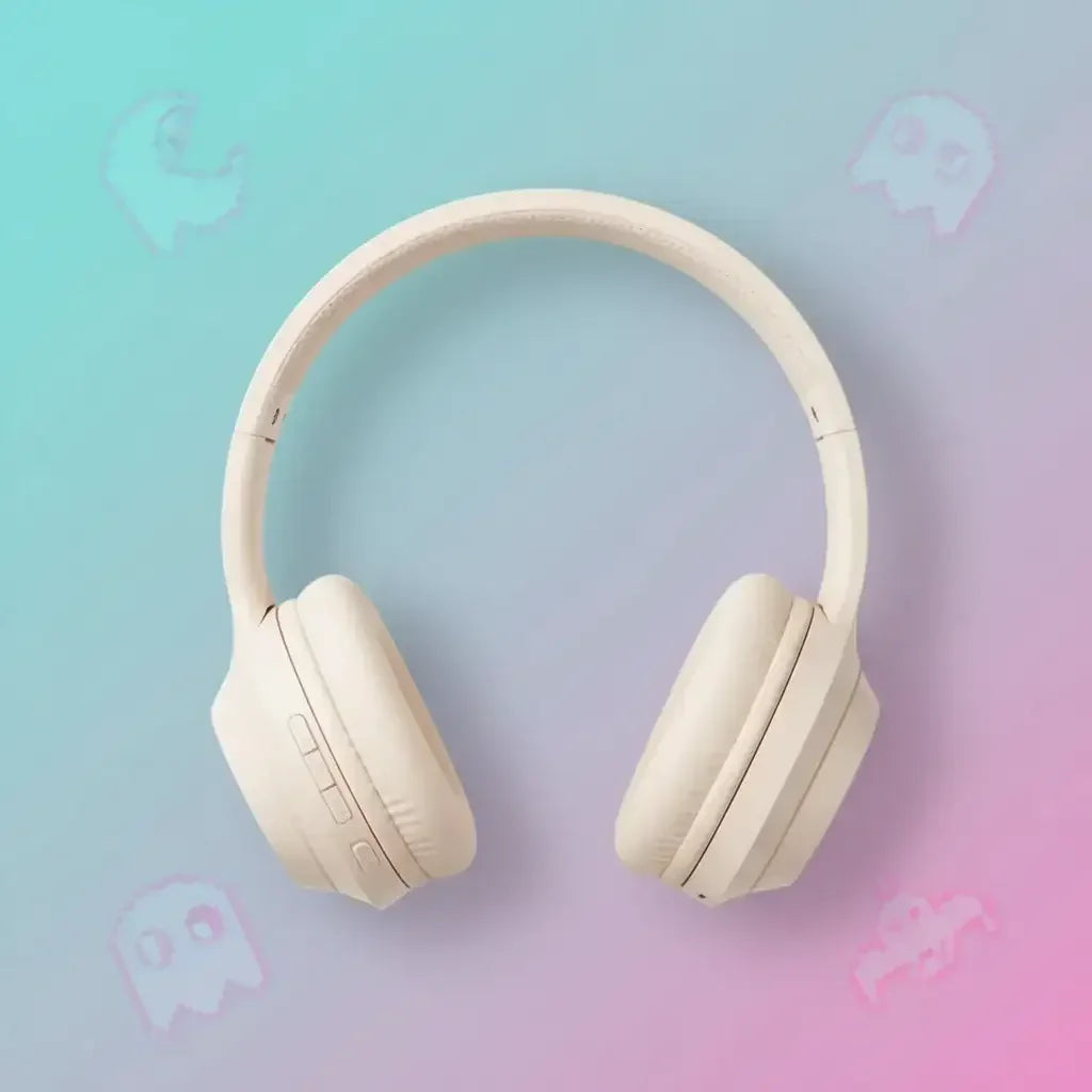 White wireless headphones on pastel gradient background with ghost icons