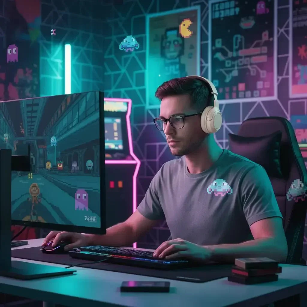 Young man gaming at computer in neon-lit room with retro arcade game characters and headphones
