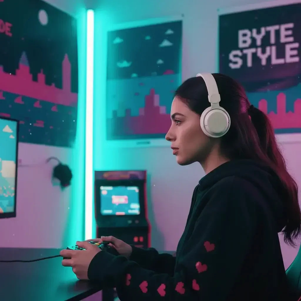 Woman gaming with headphones in neon-lit room, retro arcade decor, playing video games