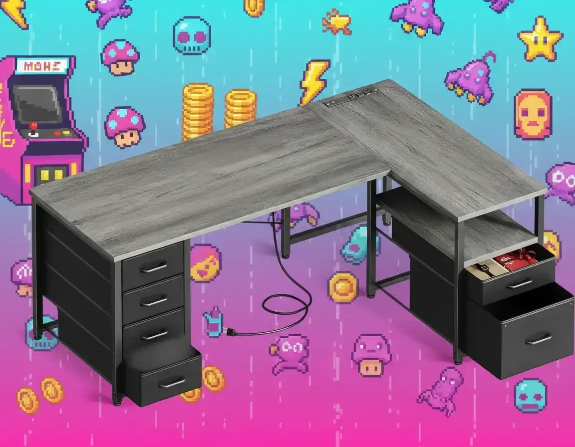 L-shaped gaming desk with grey wood surface and black drawers on colorful pixel art game background