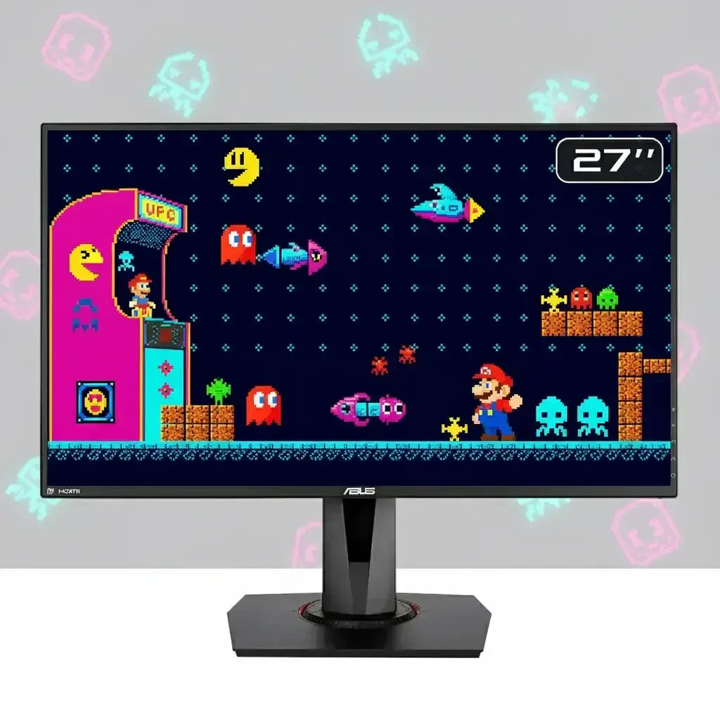 27-inch ASUS monitor displaying retro pixel art video game characters and arcade scene