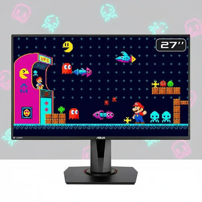 27-inch ASUS monitor displaying retro pixel art video game characters and arcade scene