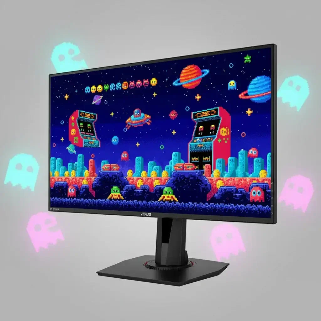 ASUS gaming monitor displaying colorful pixel art arcade space scene with retro ghosts