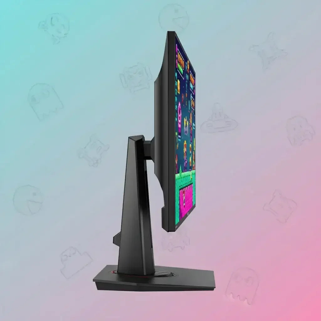 Side view of a gaming monitor displaying a colorful retro game on a pastel gradient background