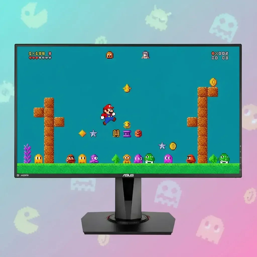 ASUS gaming monitor displaying pixel art Mario-style platform game with colorful retro graphics
