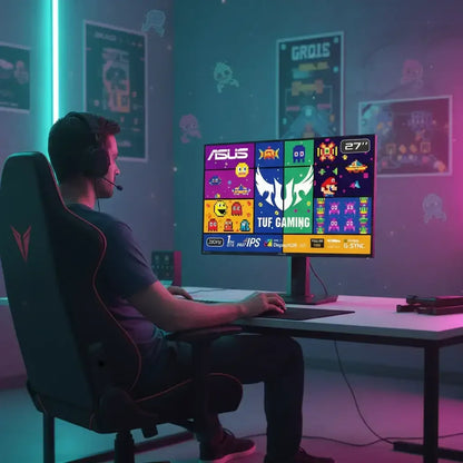 Gamer at RGB-lit desk using ASUS TUF Gaming monitor with retro arcade graphics in neon room