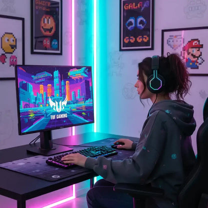Gamer girl with headset at RGB-lit gaming setup, retro wall art, and TUF Gaming monitor.