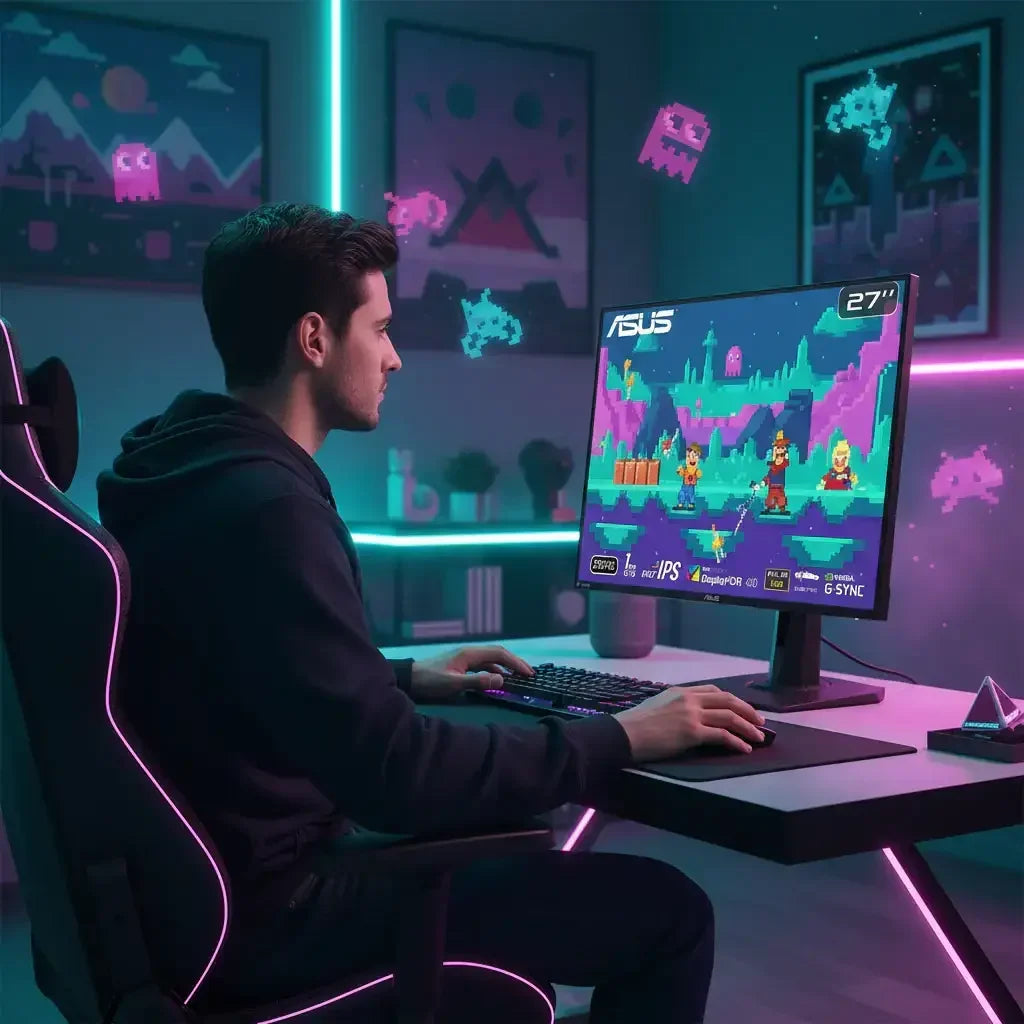 Gamer sitting at RGB-lit desk playing retro video game on ASUS 27-inch monitor in neon room