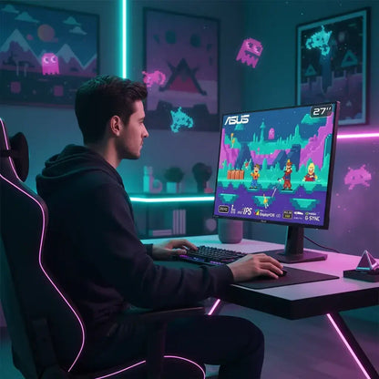 Gamer sitting at RGB-lit desk playing retro video game on ASUS 27-inch monitor in neon room