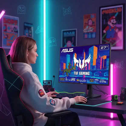 Woman gaming at RGB-lit desk with ASUS TUF Gaming monitor, retro posters, and neon lights