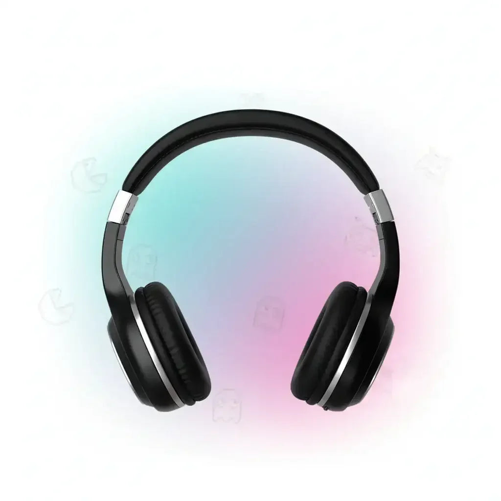 Black over-ear wireless headphones on pastel gradient background