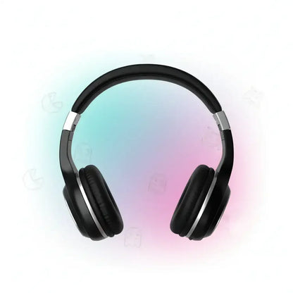 Black over-ear wireless headphones on pastel gradient background