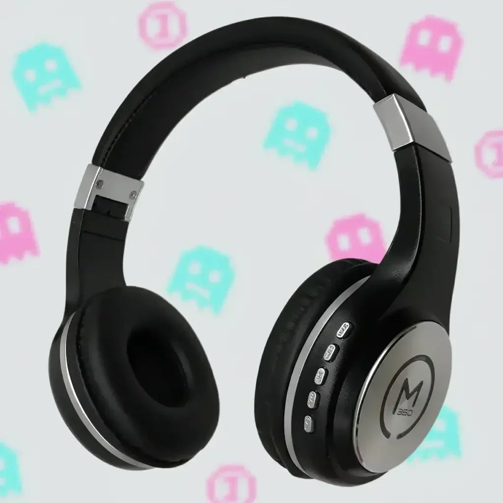 Black wireless over-ear headphones M350 with controls, on retro gaming background