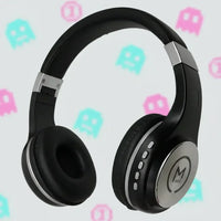Black wireless over-ear headphones M350 with controls, on retro gaming background