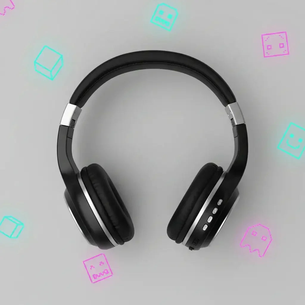 Black wireless headphones on gray background with neon gaming icons