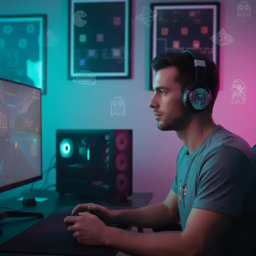 Man gaming at PC setup with headphones, neon lights, retro arcade art on wall