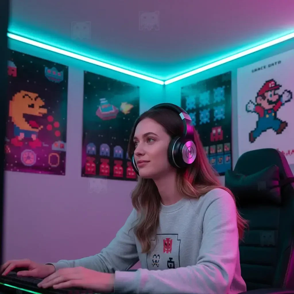 Woman gaming with headphones in neon-lit room, retro video game posters on wall