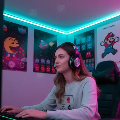 Woman gaming with headphones in neon-lit room, retro video game posters on wall