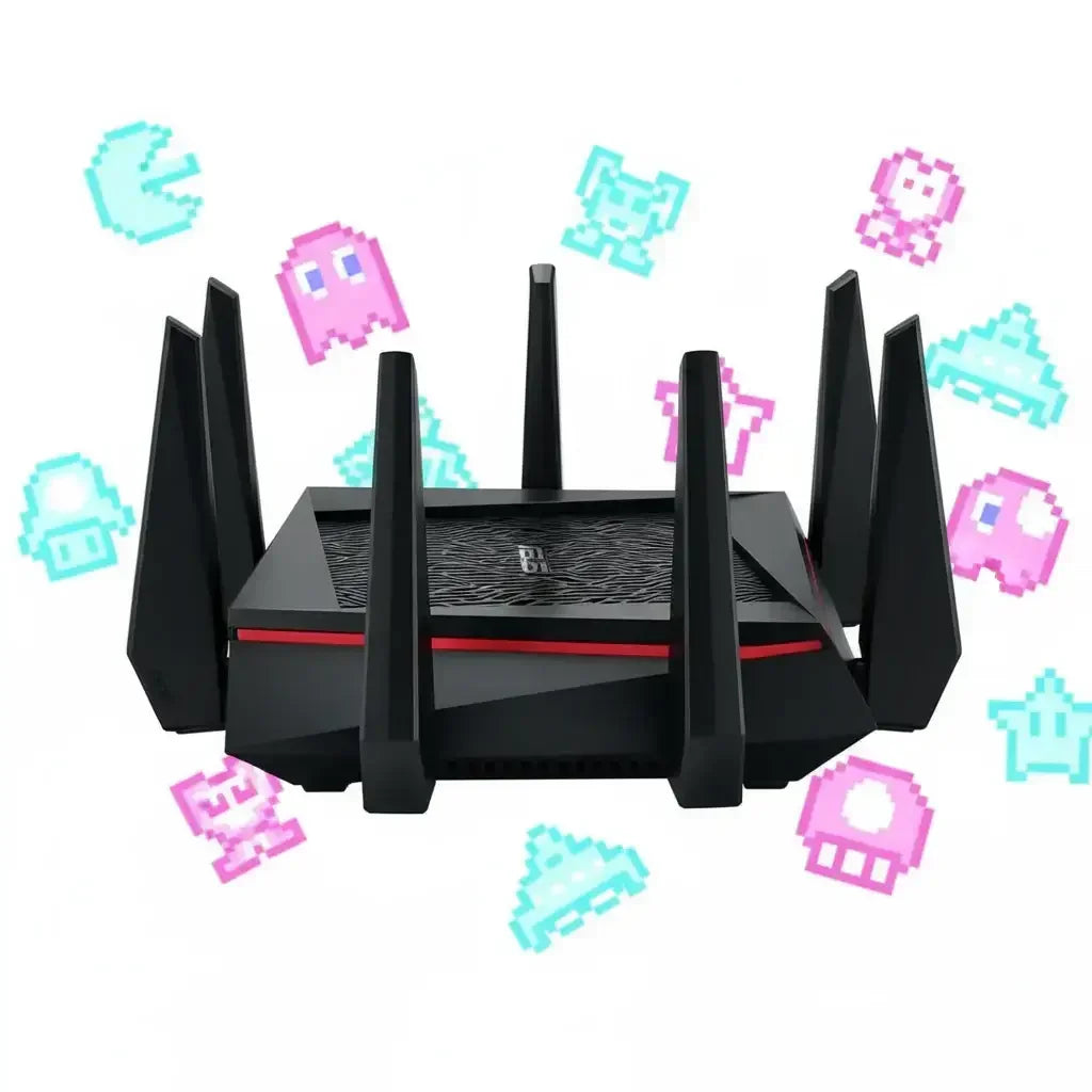 Black gaming WiFi router with multiple antennas, surrounded by colorful pixel art icons