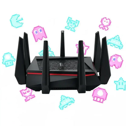 Black gaming WiFi router with multiple antennas, surrounded by colorful pixel art icons