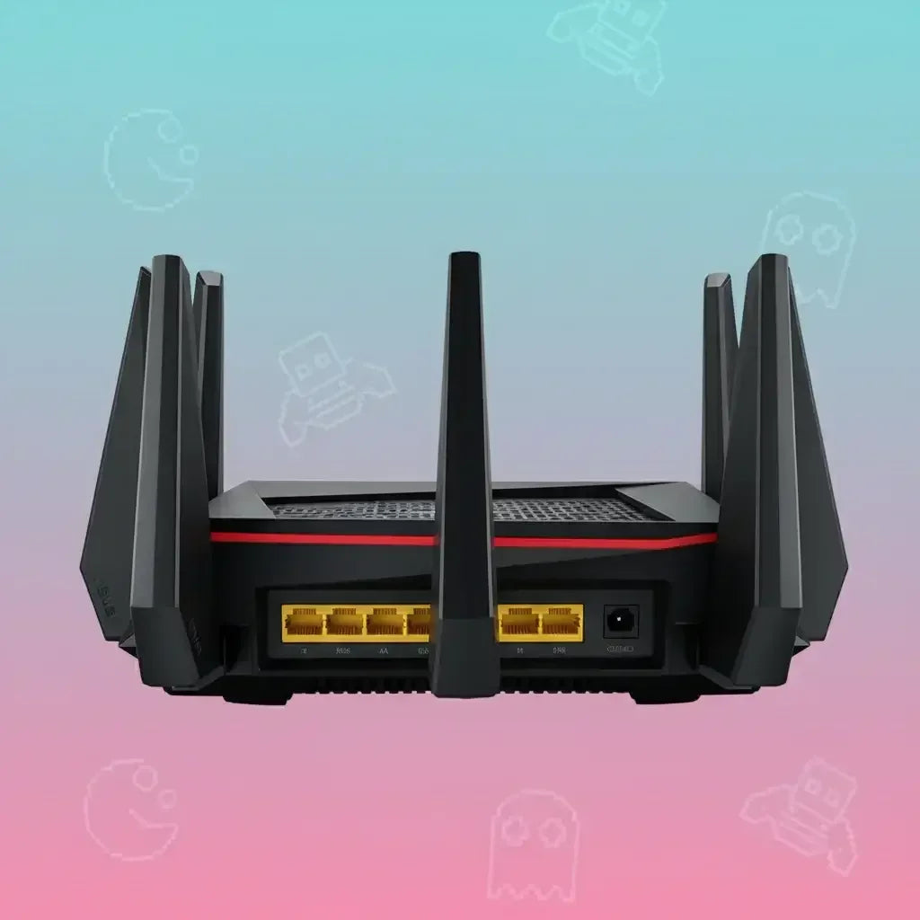 Gaming WiFi router with antennae and yellow LAN ports on a gradient tech-themed background