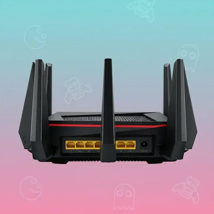 Gaming WiFi router with antennae and yellow LAN ports on a gradient tech-themed background