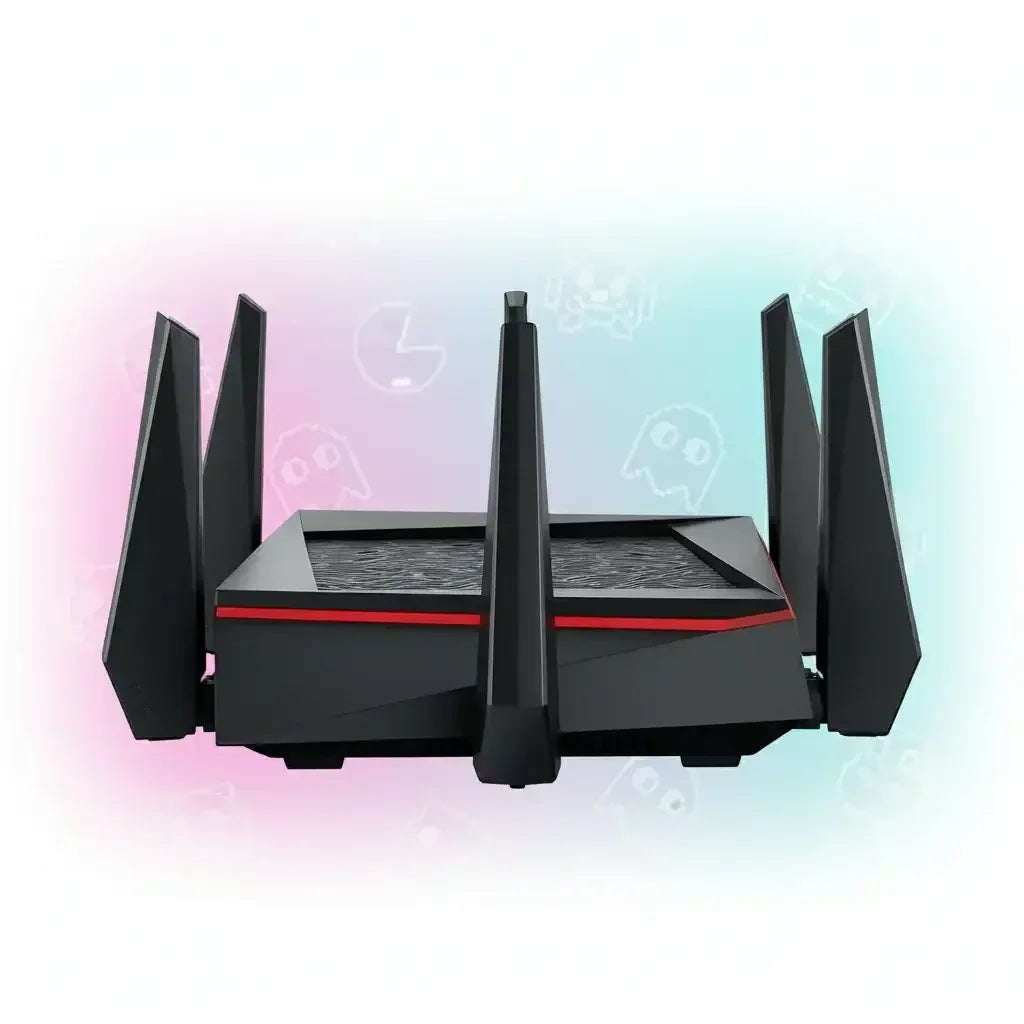 Black gaming WiFi router with four antennas and red accent on white gradient background