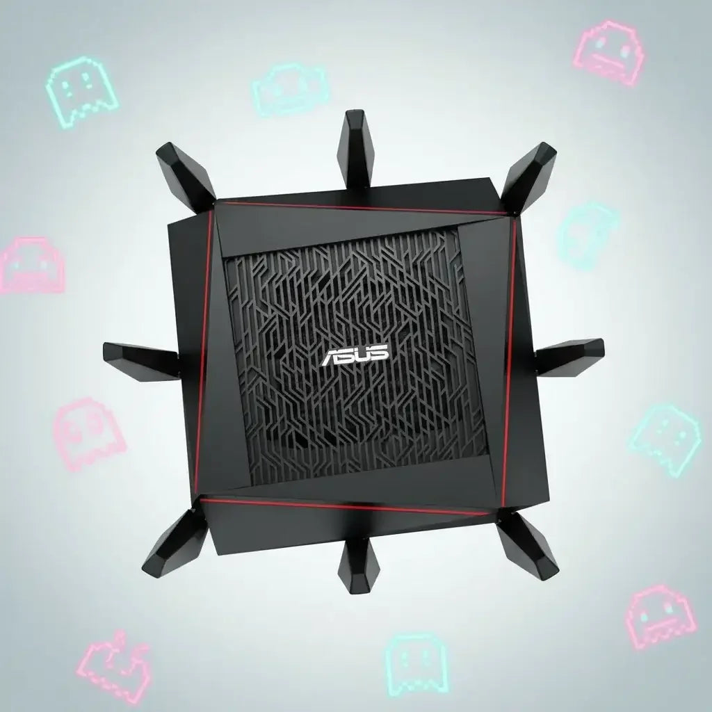 ASUS gaming router with eight antennas on a light background, surrounded by neon arcade icons
