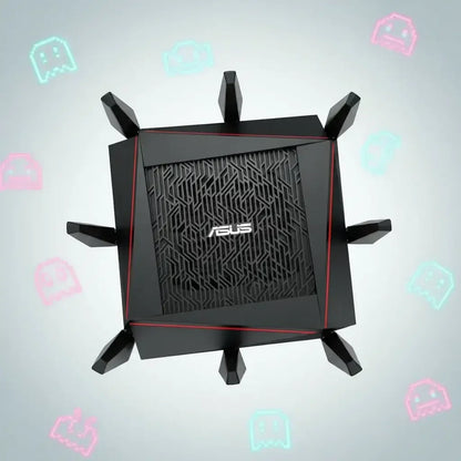 ASUS gaming router with eight antennas on a light background, surrounded by neon arcade icons
