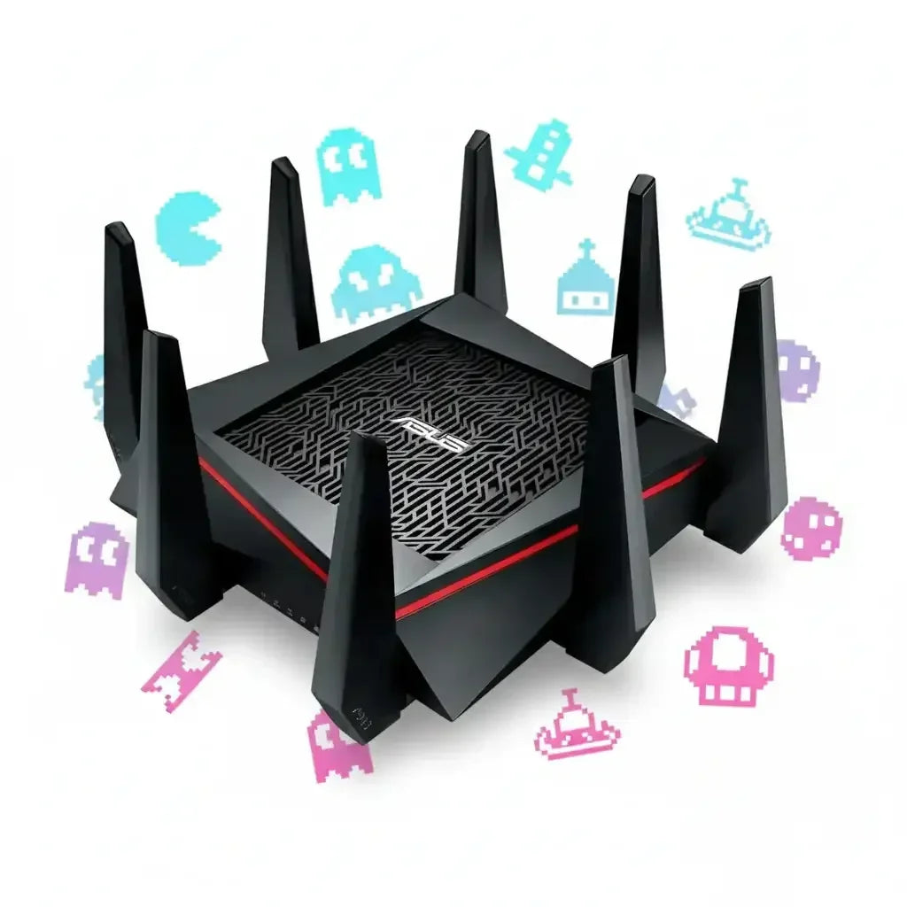 Black gaming WiFi router with red accents and retro video game icons on white background
