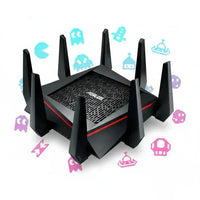 Black gaming WiFi router with red accents and retro video game icons on white background