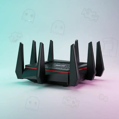 Black gaming WiFi router with red trim, eight antennas, on a pastel gradient background.