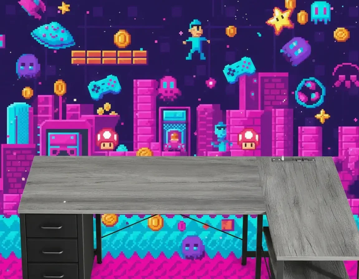 Modern corner gaming desk with gray wood surface set against vibrant retro pixel art game wallpaper