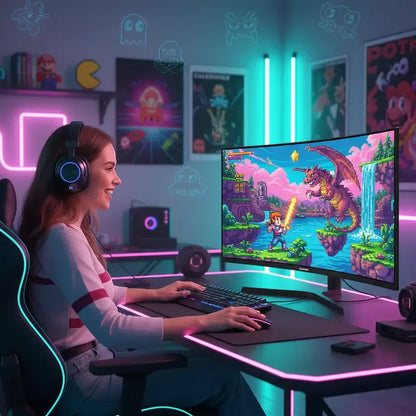 Smiling woman wearing gaming headset playing pixel art retro dragon video game on curved RGB monitor in neon-lit gaming setup