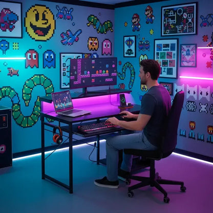 Man playing retro arcade game on dual monitors in a vibrant gaming room with pixel art walls and neon lights
