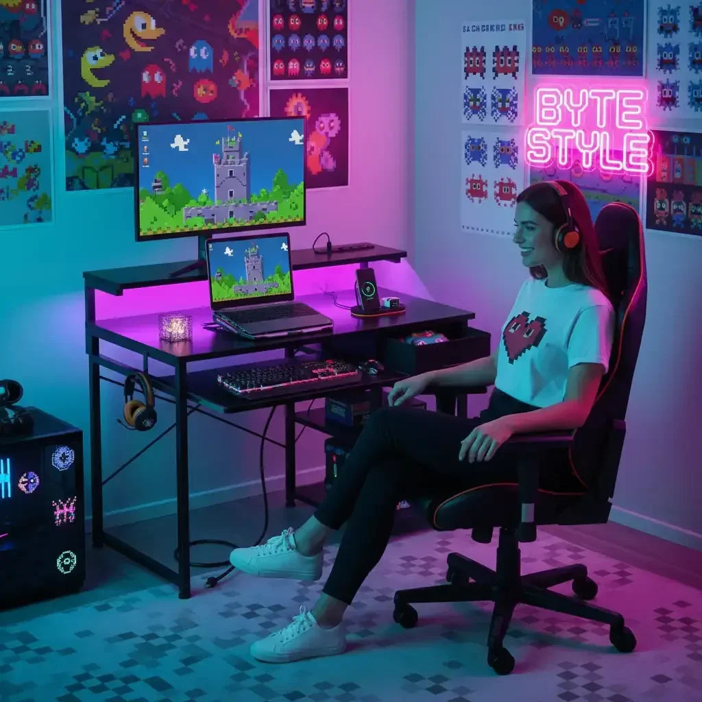 Woman gaming in a pixel art-themed room with neon Byte Style sign and dual monitor setup