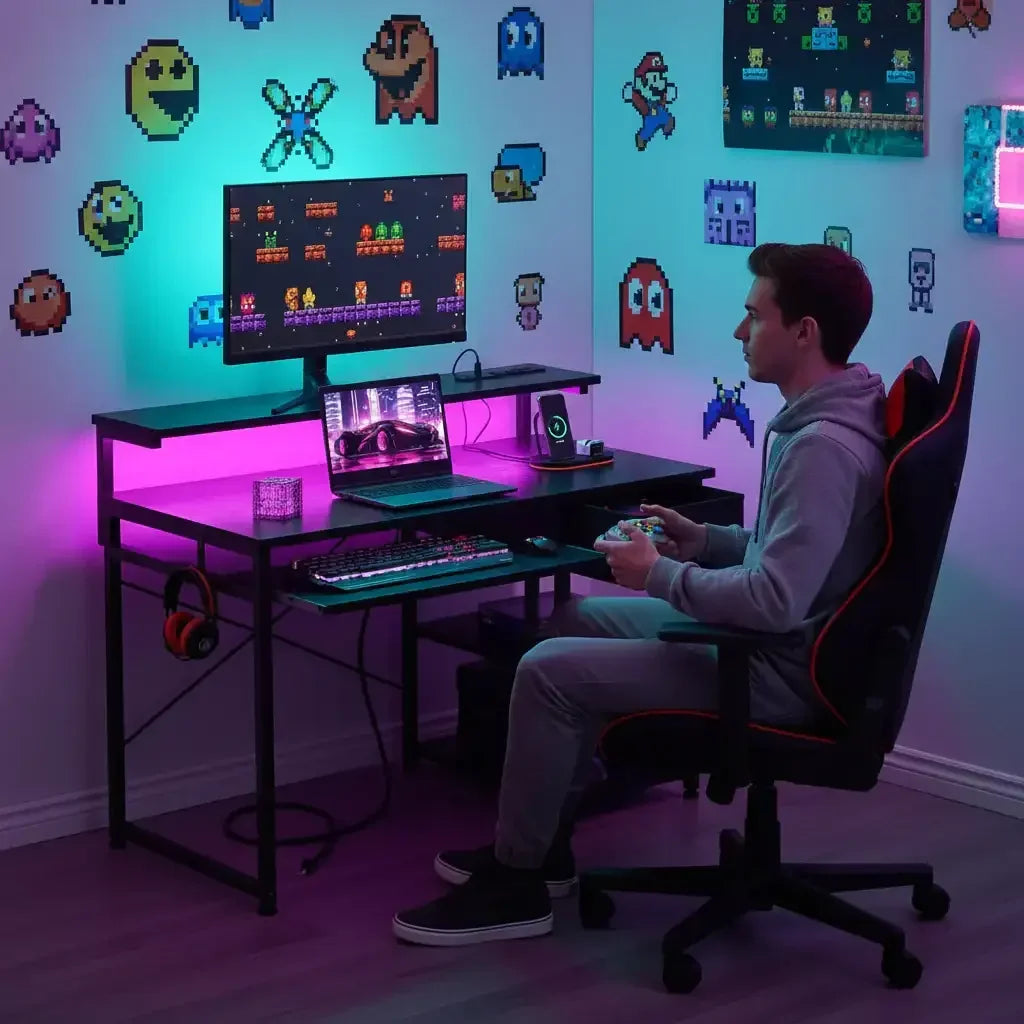 Gamer playing video games in a pixel art decorated room with LED lighting, gaming chair, and dual screens