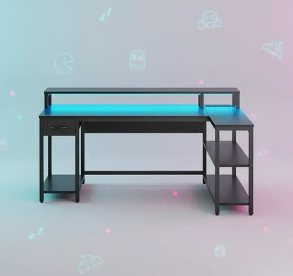 Modern L-shaped black gaming desk with blue LED light, open shelves, drawer, pastel gamer icons background