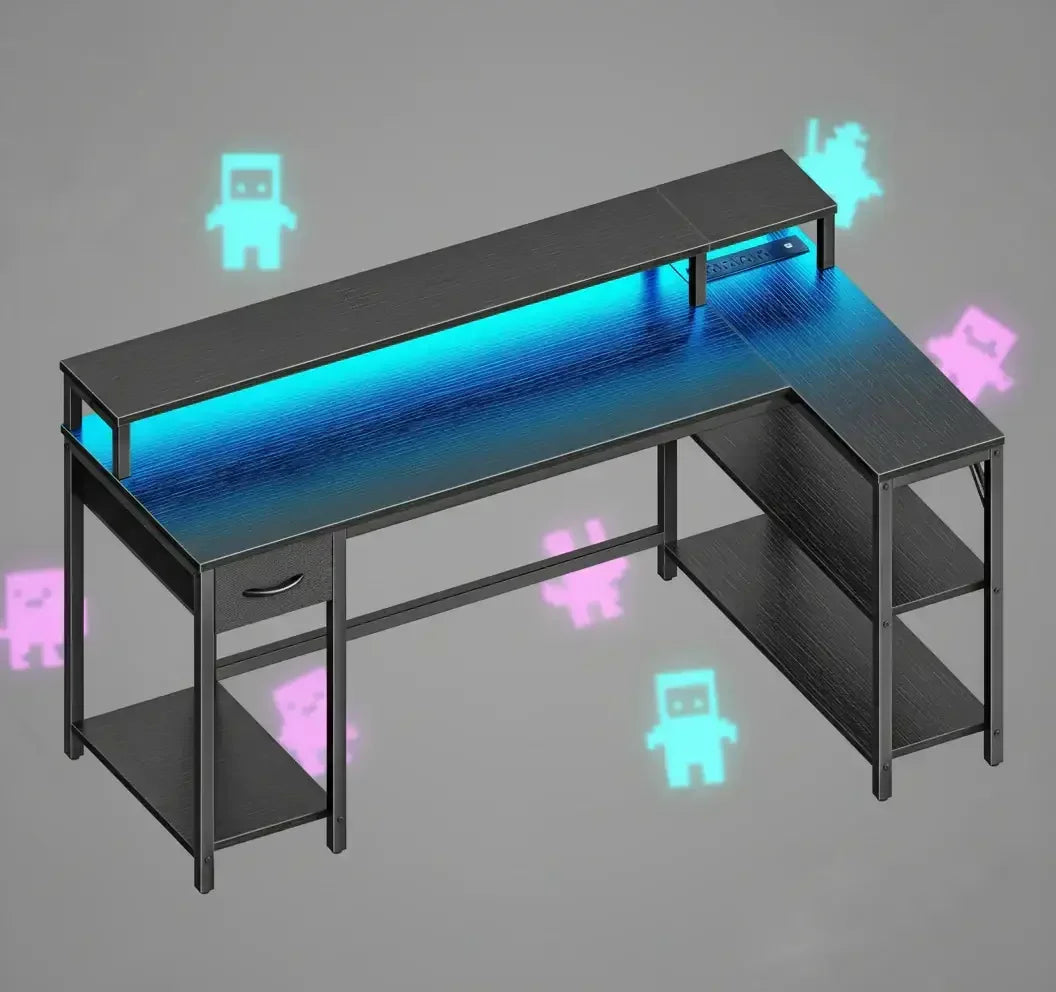 Modern L-shaped gaming desk with LED backlight and shelves, pixel art icons in background