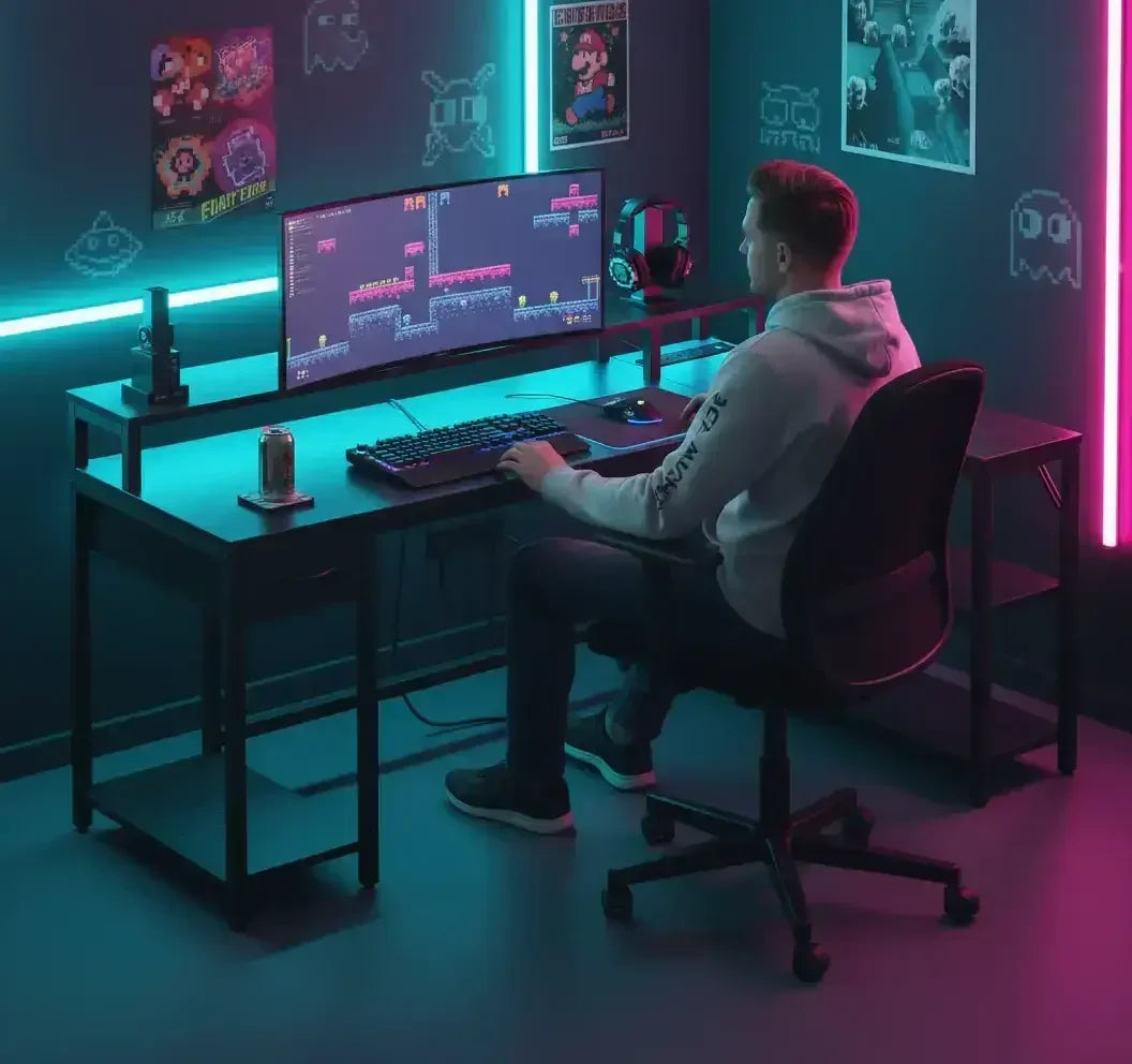 Gamer at neon-lit desk playing retro video game on curved monitor in modern gaming room