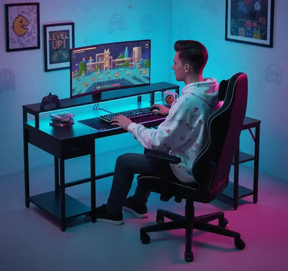 Gamer at RGB-lit desk playing pixel art video game in modern gaming room with arcade decor