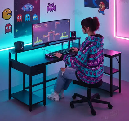 Woman at gaming desk with RGB lights, pixel art wall decor, and ultra-wide monitor