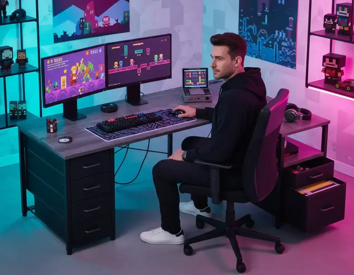 Man in black hoodie playing pixel art video games on dual monitors and handheld console in colorful gaming room