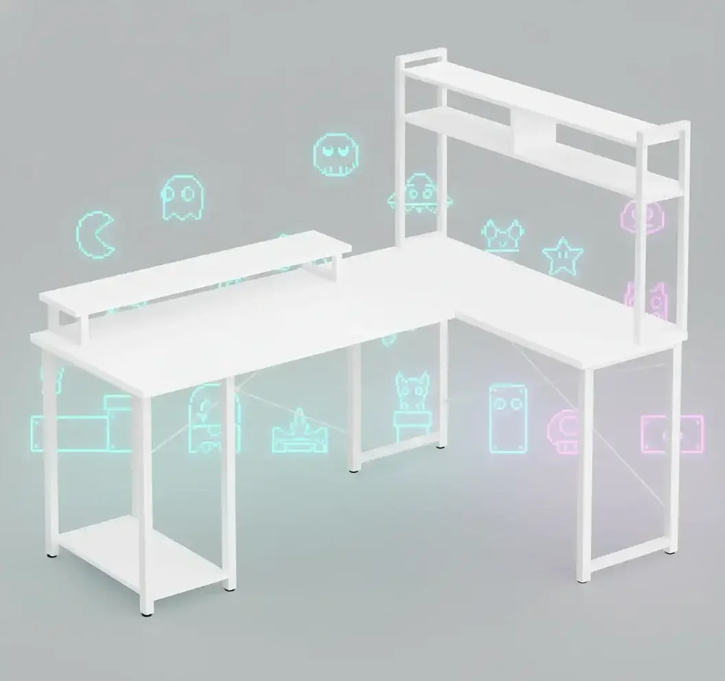 Modern white L-shaped desk with shelves against gray background with neon retro video game icons