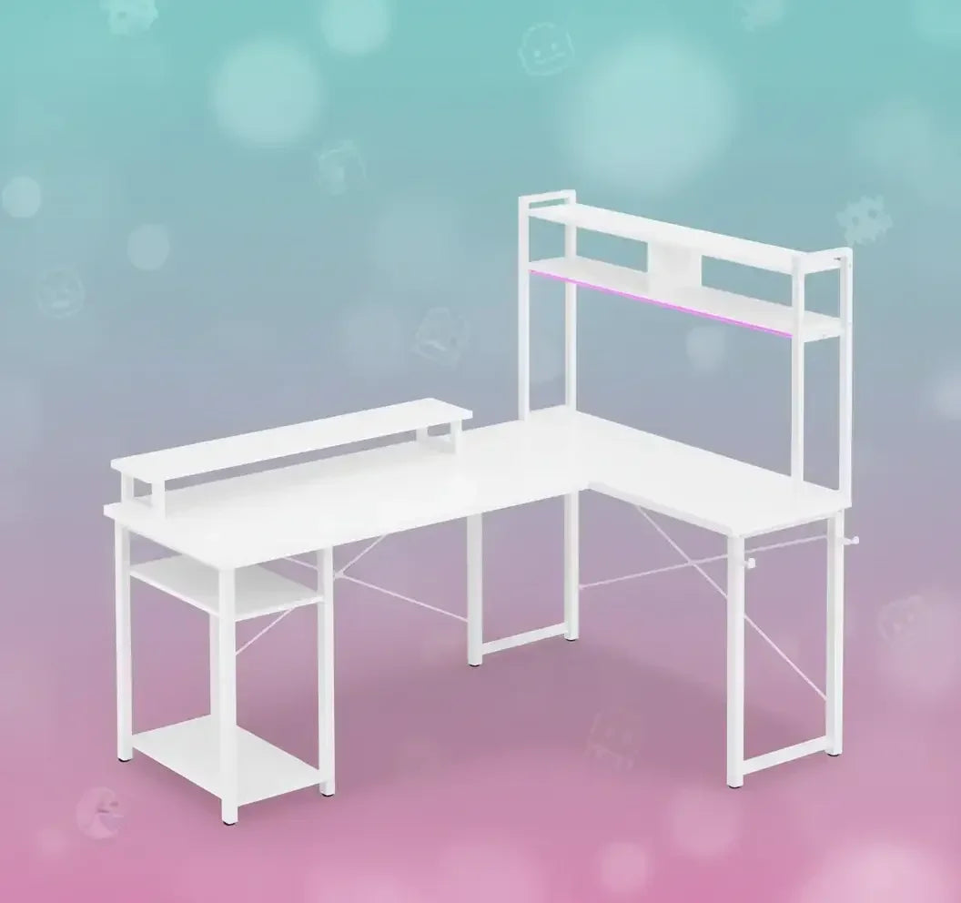 White L-shaped gaming desk with upper shelves and lower storage on gradient background