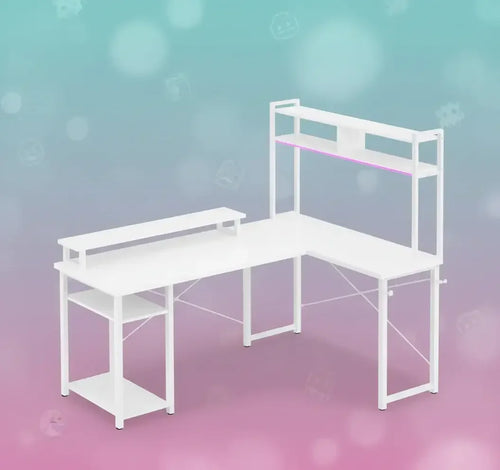 White L-shaped gaming desk with upper shelves and lower storage on gradient background