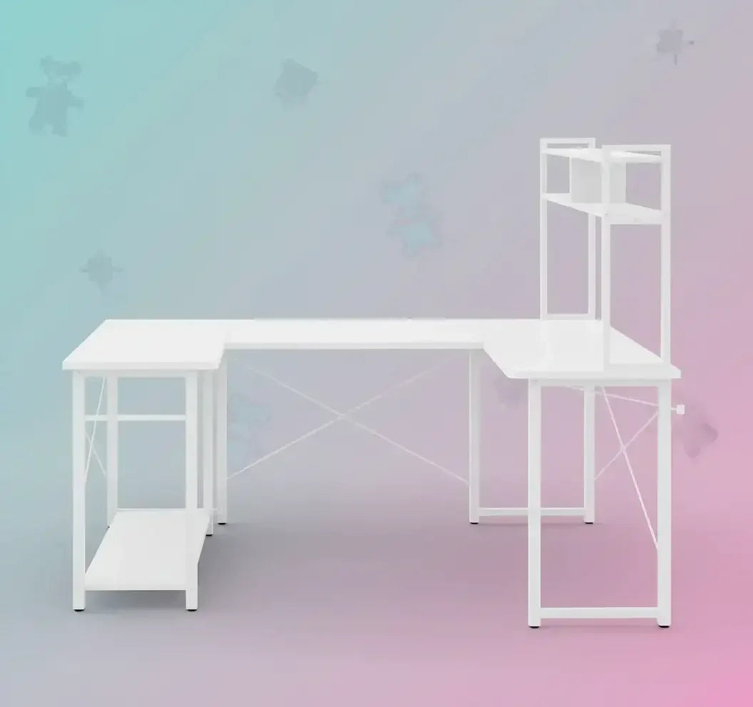 White L-shaped modern desk with shelves and lower storage against gradient pastel background
