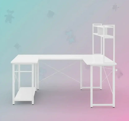 White L-shaped modern desk with shelves and lower storage against gradient pastel background
